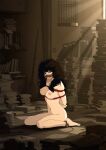  1girl absurdres angry ankle_cuffs barefoot bdsm black_hair bondage book bound breasts broom chain completely_nude glaring highres kusujinn large_breasts long_hair looking_at_viewer muzzle_(mask) nipples nude pile_of_books shibari solo 