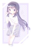  1girl :< akemi_homura black_hair black_hairband blush border closed_mouth commentary_request cropped_legs diagonal-striped_background grey_skirt hairband highres kneehighs long_hair looking_at_viewer mahou_shoujo_madoka_magica mahou_shoujo_madoka_magica_(anime) outside_border plaid_clothes plaid_skirt purple_background purple_eyes shirt short_sleeves sidelocks skirt socks solo standing striped_background white_border white_shirt white_socks yuki_(33098065) 