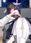  1girl absurdres ahoge armpit_crease artist_name ass azur_lane black_hair black_hairband black_leotard breasts chair coat colored_inner_hair commentary computer_keyboard frilled_hairband frills from_behind full_moon hairband highres hollow_catalpa huge_ass indoors leotard looking_at_viewer looking_back medium_breasts medium_hair monitor moon multicolored_hair multiple_monitors night on_chair orage_(azur_lane) pear-shaped_figure pink_eyes purple_hair signature solo untranslatable_commentary variant_set white_coat 