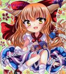  1girl blue_skirt bow chain commentary_request footwear_bow horns ibuki_suika long_hair looking_at_viewer marker_(medium) open_mouth orange_hair rui_(sugar3) sample_watermark shikishi shirt skirt sleeveless sleeveless_shirt smile socks solo touhou traditional_media watermark white_socks yellow_eyes 