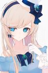  1girl absurdres alice_(arcaea) alice_(minuet)_(arcaea) arcaea bare_shoulders black_hairband blue_dress bow closed_mouth collarbone commentary culumi_0416 dress frilled_wrist_cuffs frills hairband hat hat_bow highres looking_at_viewer off-shoulder_dress off_shoulder portrait simple_background solo top_hat white_background white_hat white_wrist_cuffs wrist_cuffs 