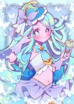  1girl aqua_eyes aqua_hair aqua_necktie aqua_skirt blue_hat blush bow breasts closed_mouth commentary cure_eclair detached_sleeves drill_hair earrings hair_ornament hat hat_ornament heterochromia highres howa_kurea jewelry layered_skirt long_hair looking_at_viewer meitantei_precure! midriff navel necktie pink_eyes ponytail pre-kit_mirror_loupe precure skirt smile solo stomach twinkle_time umecha_0 v yellow_eyes 