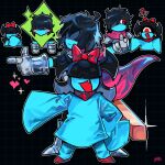  1girl 1other :d absurdres aqua_(deltarune) aqua_dress aqua_skin armor black_background black_hair blue_skin blush_stickers bow cape colored_skin commentary covered_eyes deltarune disappointed dress english_commentary fang frown graysheartart hair_bow hair_wings heart highres hug knife kris_(dark_world)_(deltarune) kris_(deltarune) kris_(heal_prayer)_(deltarune) one-eyed pink_cape pointing red_eyes sleeves_past_fingers sleeves_past_wrists smile thumbs_up too_many too_many_knives trait_connection utdr_(toby_fox) 