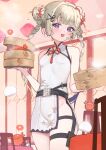  1girl :d absurdres amanogawa_shiina bamboo_steamer belt black_belt braid breasts center-flap_bangs chair chinese_clothes chocosong colored_inner_hair commentary_request commission crab double-parted_bangs double_bun dress food grey_hair hair_bun heart heart_in_eye highres holding holding_bamboo_steamer indoors long_hair looking_at_viewer multicolored_hair open_mouth phase_connect pixiv_commission pouch purple_eyes purple_hair purple_streaks qipao short_dress sleeveless sleeveless_dress small_breasts smile steamed_bun streaked_hair symbol_in_eye table thigh_pouch thigh_strap twin_braids virtual_youtuber white_dress 