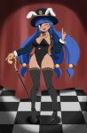  1girl alternate_costume animal_ears avian_zebra black_hat black_jacket black_leotard black_shoes black_thighhighs blue_eyes blue_hair bow bowtie breasts bunny_day checkered_floor commentary detached_collar earrings english_commentary facial_mark full_body groin hair_ornament hat highres jacket jewelry key_earrings leotard long_hair looking_at_viewer michigami_nareko one_eye_closed open_clothes open_jacket orange_jacket playboy_bunny rabbit_ears rabbit_tail scepter shoes skindentation smile solo sphere_hair_ornament standing strapless strapless_leotard tail tan thighhighs thighs top_hat touhou triangle triangle_facial_mark two-sided_fabric two-sided_jacket very_long_hair yellow_bow yellow_bowtie 
