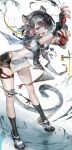  1girl :3 absurdres ahoge animal_ears arknights arknights:_endfield artist_logo bare_back black_hair black_shorts black_socks blue_eyes breasts chinese_clothes commentary_request dress elevation_contour_lines et_atr3 eyepatch fang fingerless_gloves full_body gloves hair_tubes highres leaning_forward logo long_hair low_ponytail medium_breasts multicolored_gloves one_eye_covered open_mouth outstretched_crossed_arms pelvic_curtain ponytail pouch qipao ripples short_shorts shorts side_slit socks solo tail tangtang_(arknights) thigh_pouch thigh_strap tiger_ears tiger_girl tiger_tail two-sided_gloves two-tone_gloves 