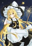  1girl aerial_fireworks apron black_hat black_skirt black_vest blonde_hair bow braid broom commentary_request fireworks frilled_skirt frills hair_bow hat hat_bow highres holding holding_broom kirisame_marisa long_hair looking_at_viewer night puffy_short_sleeves puffy_sleeves ringo33757 short_sleeves side_braid single_braid skirt solo star_(sky) touhou very_long_hair vest waist_apron white_apron white_bow witch_hat yellow_eyes 