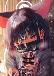  1boy 1girl absurdres after_fellatio animal_ears bar_censor black_hair blue_archive cat_ears cat_girl censored colored_inner_animal_ears colored_inner_hair commentary cum cum_on_body cum_on_clothes ejaculation extra_ears facial halo hetero highres kazusa_(band)_(blue_archive) kazusa_(blue_archive) kishita_yuu mask mask_lift mouth_mask multicolored_hair official_alternate_costume one_eye_closed penis pink_hair pink_halo print_shirt red_eyes shirt short_hair squiggle two-tone_hair white_shirt 