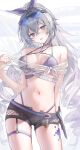  1girl alternate_costume bikini black_shorts blush breasts commentary_request crop_top crossed_bangs drill_hair eyewear_on_head grey_eyes grey_hair highres honkai:_star_rail honkai_(series) long_hair looking_at_viewer medium_breasts navel open_mouth ponytail purple-tinted_eyewear purple_bikini raiya_atelier shorts silver_wolf_(honkai:_star_rail) solo stomach sweat swimsuit tinted_eyewear twin_drills white_background 