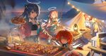  4girls :d absurdres alcohol alternate_costume angel_wings arknights bandeau bare_shoulders beach blue_dress blue_eyes blue_hair blue_sky breasts chair choker commentary_request cup dress drinking_glass drooling exusiai_(apple)_(arknights) exusiai_(arknights) exusiai_the_new_covenant_(arknights) fiammetta_(arknights) food fork grill guitar halo headphones headphones_around_neck highres holding holding_food holding_plate horns indoors instrument jacket lantern lemuen_(arknights) long_hair long_sleeves looking_at_viewer medium_breasts midriff mostima_(arknights) mug multiple_girls navel open_mouth orange_eyes orange_hair outdoors palm_tree pants pink_jacket plate red_hair salad shirt short_hair sitting sky smile standing stomach strapless sunglasses table thermos tianqiyubao_euc tree tube_top white_shirt wine wine_glass wings yellow_pants 