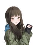  1girl bad_id bad_twitter_id blunt_bangs blush brown_eyes brown_hair commentary eyeshadow gfriend green_jacket highres hood jacket long_hair looking_at_viewer makeup red_eyeshadow rin_yes2 simple_background solo untranslatable_commentary upper_body white_background yerin_(gfriend) 