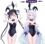  2girls absurdres animal_ears black_hair black_halo black_leotard blue_archive bow bowtie breasts bunny_day commentary_request covered_navel demon_girl demon_horns demon_wings detached_collar dong_hawn double_bun fake_animal_ears four-finger_heart_hands gloves grey_eyes grey_halo hair_bun halo heart heart_hands highleg highres hina_(blue_archive) horns kisaki_(blue_archive) leotard long_hair looking_at_viewer low_wings multiple_girls multiple_horns playboy_bunny purple_eyes purple_halo purple_wings rabbit_ears simple_background small_breasts strapless strapless_leotard twintails very_long_hair white_background white_hair wings 