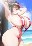  1girl absurdres alternate_breast_size_(larger) animal_hair_ornament arched_back areola_slip armpits arms_behind_head arms_up ass bare_arms bare_shoulders beach black_hair blue_archive blue_sky blush breasts brown_hair cleavage cloud commentary cosplay cowboy_shot curvy day full_cleavage goddess_of_victory:_nikke groin hair_between_eyes hair_ornament halo high_ponytail highres horizon huge_breasts knife_recursion large_areolae long_hair looking_at_viewer marciana_(marine_study)_(nikke) marciana_(nikke) marciana_(nikke)_(cosplay) navel navel_piercing nose_blush ocean outdoors parted_lips penguin_hair_ornament piercing pink_visor_cap ponytail presenting_own_armpit red_eyes red_slingshot_swimsuit rio_(blue_archive) single_sidelock sky slingshot_swimsuit solo standing stomach sweat swimsuit thick_thighs thighs very_long_hair visor_cap water yellow_eyes 