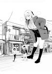  1boy 2girls asymmetrical_bangs bent_over black_boots black_hair blush boots breasts breath building chieri_no_koi_wa_8_meter coat commentary_request dark-skinned_female dark_skin full_body giant giantess greyscale gyaru hand_on_own_hip height_difference highres jacket kneehighs kotaki_yumeji large_breasts leaning_forward long_hair long_sleeves mitogawawataru monochrome multiple_girls new_year official_art oomine_chieri open_clothes open_mouth pants pencil_skirt puff_of_air road shoes short_hair shounen_jump simple_background size_difference skirt socks street sweater swept_bangs taller_female_shorter_male thick_thighs thighs turtleneck turtleneck_sweater walking white_background white_hair winter_clothes winter_coat 