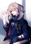  1boy absurdres adam's_apple adapted_costume alternate_costume arm_up bag bakugou_katsuki black_bag blonde_hair blue_jacket blue_shirt boku_no_hero_academia boku_no_hero_academia_2nd_popularity_poll bracelet character_name check_clothing clothes_writing clothing_request collared_shirt colored_lineart commentary_request copyright_name dotted_line drawstring earrings english_text eyes_visible_through_hair facial_hair fang fashion feathers from_side fur-trimmed_hood fur-trimmed_jacket fur_trim grey_background hand_in_pocket high_collar highres hood hood_up jacket jewelry male_focus multiple_necklaces nao_(n_sai_ao) necklace open_clothes open_jacket open_mouth pattern_request pocket print_jacket profile red_eyes red_jacket ring shirt short_hair sideburns_stubble sidelighting silver_ring sleeves_rolled_up solo spiked_hair stubble teeth three-quarter_sleeves tongue tongue_out tooth_earrings tooth_necklace triangle_print two-sided_fabric two-sided_jacket unzipped upper_body upper_teeth_only zipper zipper_pull_tab 