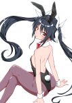  1girl animal_ear_hairband animal_ears arms_at_sides ass black_hair black_hairband black_leotard bow bowtie choppy_bangs collar commentary_request crossed_legs detached_collar fake_animal_ears fake_tail feet_out_of_frame flat_chest floating_hair from_behind hair_bow hairband highres leotard long_hair looking_at_viewer looking_back ore_twintail_ni_narimasu pantyhose parted_lips playboy_bunny purple_pantyhose rabbit_ear_hairband rabbit_ears rabbit_tail red_bow red_bowtie red_eyes shoulder_blades sitting solo straight_hair strapless strapless_leotard tail tsube_aika turning_head twintails variant_set very_long_hair white_bow white_collar white_wrist_cuffs wrist_cuffs yuto_(dialique) 