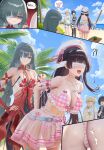  !? 4girls absurdres beach bikini bikini_skirt black_hair blindfold blue_sky blush breasts chisa_(peach_parfait)_(wuthering_waves) chisa_(wuthering_waves) closed_mouth commentary_request day dress earrings female_rover_(wuthering_waves) food fruit giving_wedgie grey_hair hair_ribbon halter_dress halterneck hand_on_own_hip hat highres holding jewelry korean_commentary large_breasts long_hair low_twintails lynae_(peppermint)_(wuthering_waves) lynae_(wuthering_waves) multiple_girls navel ocean official_alternate_costume open_mouth outdoors phrolova_(wuthering_waves) pink_bikini pink_ribbon plaid_bikini plaid_clothes red_dress ribbon rover_(wuthering_waves) see-through_clothes see-through_skirt shore skirt sky soul_(smfa2555) stomach suikawari swimsuit tacet_mark_(wuthering_waves) twintails watermelon wedgie white_hat wuthering_waves 