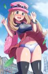  1girl :d bag black_thighhighs blush bracelet breasts building clothes_lift cloud collared_shirt commentary_request day eyewear_on_headwear falling_leaves grey_eyes hands_up hat highres jewelry leaf long_hair looking_down low-tied_long_hair maho_(corotonton5150) navel open_mouth outdoors panties pink_bag pink_hat pleated_skirt pokemon pokemon_x_and_y red_skirt serena_(pokemon) shiny_skin shirt skirt skirt_lift sky sleeveless sleeveless_shirt smile solo sunglasses sweat thighhighs underwear wind wind_lift 