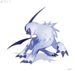  absol bright_pupils claws commentary fangs full_body grey_fur highres likey no_humans open_mouth pokemon pokemon_(creature) pokemon_focus red_eyes signature solo white_background white_pupils 
