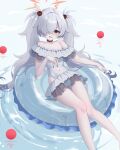 1girl absurdres black_nails blue_archive brown_halo clothing_cutout commentary eye_hair_ornament eyeball_hair_ornament frilled_one-piece_swimsuit frills grey_hair hair_over_one_eye halo highres innertube kanoe_(blue_archive) kanoe_(c108_swimsuit)_(blue_archive) long_hair multicolored_eyes navel_cutout off-shoulder_one-piece_swimsuit off_shoulder on_innertube one-piece_swimsuit scar scar_on_neck smile solo sthk swim_ring swimsuit twintails two-tone_eyes white_one-piece_swimsuit 