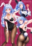  1girl animal_ears arm_between_breasts ass bare_shoulders between_breasts between_fingers black_gloves black_leotard blue_hair blush breasts bunny_day card card_between_fingers commentary_request covered_navel frilled_wrist_cuffs frills gloves half_gloves hat highres holding holding_card hololive large_breasts leotard mini_hat mini_top_hat multicolored_hair multiple_views napozouattop one_eye_closed orange_eyes pekomama playboy_bunny playing_card pointing rabbit_ears rabbit_tail red_background strapless strapless_leotard tail top_hat two-tone_hair virtual_youtuber white_hair wrist_cuffs 