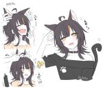  !? 1girl animal_ears artist_name bare_shoulders black_choker black_hair black_sweater blonde_hair cat_ears choker closed_eyes commentary_request grabbing_another's_ear hand_on_another's_ear kemonomimi_mode kotetsu_080 mahou_shoujo_no_majo_saiban multicolored_hair multiple_views off-shoulder_sweater off_shoulder orange_eyes orange_streaks sawatari_coco sharp_teeth shirt short_hair signature simple_background slit_pupils streaked_hair sweater teeth white_background white_shirt yawning 