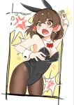  1girl alternate_costume anger_vein angry animal_ear_hairband animal_ears banknote black_hairband black_leotard bow bowtie breasts brown_eyes brown_hair brown_pantyhose commentary_request covered_navel detached_collar detached_sleeves fake_animal_ears fake_money fang frilled_hair_tubes frills hair_between_eyes hair_tubes hairband hakurei_reimu highres holding holding_money leotard looking_at_viewer marimo1593 money pantyhose playboy_bunny rabbit_ear_hairband rabbit_ears red_bow red_bowtie solo spoken_anger_vein strapless strapless_leotard tearing_up touhou 