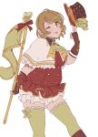  1girl absurdres breasts brown_hair brown_hat commentary english_commentary flag fregie green_flag green_thighhighs hat highres holding holding_flag koizumi_hanayo love_live! love_live!_school_idol_festival love_live!_school_idol_project medium_breasts official_alternate_costume plump purple_eyes short_hair solo thighhighs tongue tongue_out white_background 