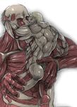  armored_titan ass bara blonde_hair colossal_titan giant gradient gradient_background male_focus monochrome monster multiple_boys muscle no_pupils nude red_eyes shingeki_no_kyojin white_background yaoi 