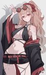  1girl belt bikini black_bikini black_jacket black_shorts blush bow breasts brown_hair closed_mouth commentary_request eyewear_on_head furen_e_lustario hair_bow highres jacket jewelry looking_at_viewer navel nijisanji off_shoulder red_belt red_bow red_eyes ring shorts solo sunglasses swimsuit virtual_youtuber yozakura_nozomu 