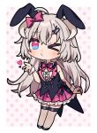  >_o 1girl ahoge alternate_costume animal_ears black_vest blowing_kiss blue_eyes blush border bow bowtie breasts bunny_day center_frills cleavage coattails commentary curled_horns deformed detached_collar fishnet_thighhighs fishnets frilled_skirt frills full_body grey_hair hair_between_eyes hair_bow hair_ornament hairclip hanasaki_ayame hanasaki_ayame_(artist) heart heart_in_eye highres horns indie_virtual_youtuber lapels long_hair multiple_hairclips one_eye_closed pink_background pink_bow pink_bowtie pink_eyes pink_skirt plaid_clothes plaid_skirt polka_dot polka_dot_background puckered_lips rabbit_ears raised_eyebrow self-portrait skirt sleeveless small_breasts smile solo standing symbol_in_eye tailcoat thighhighs untranslatable_commentary vest virtual_youtuber white_border white_horns white_wrist_cuffs wrist_cuffs 