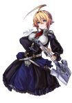  1girl 2026 ahoge black_dress blazblue blonde_hair blue_eyes bob_cut braid braided_ponytail breasts center_frills collared_dress commentary_request cropped_legs dated double-parted_bangs dress es_(xblaze) frilled_dress frills hair_between_eyes hair_intakes hair_tuft half-closed_eyes highres holding holding_sword holding_weapon huge_ahoge huge_weapon large_breasts long_hair long_sleeves looking_at_viewer molingyangyang narrowed_eyes necktie parted_lips red_necktie short_necktie sidelocks simple_background single_braid solo sword underbust upper_body weapon white_background xblaze 