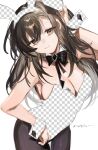  1girl alternate_costume animal_ear_hairband animal_ears arknights black_bow black_bowtie black_pantyhose bow bowtie breasts brown_eyes brown_hair checkered_leotard commentary cowboy_shot fake_animal_ears fake_transparency fumi_(rdbm) hairband highres leotard looking_at_viewer pantyhose playboy_bunny priestess_(arknights) rabbit_ears red_bow red_bowtie simple_background smile solo strapless strapless_leotard translation_request white_background wrist_cuffs 