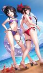  2girls absurdres ass ass_visible_through_thighs beach bikini black_hair breasts carrion1129 commentary_request crab dutch_angle flower from_below hair_bun hair_flower hair_ornament hat highres housho_margo innertube kneepits looking_at_viewer mahou_shoujo_no_majo_saiban medium_breasts mini_hat mini_top_hat multiple_girls nikaido_hiro ocean outdoors purple_bikini purple_eyes red_bikini red_eyes sandals short_hair skindentation striped_bikini striped_clothes swim_ring swimsuit thigh_strap top_hat wet 