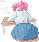  1girl :d absurdres arms_on_table artist_name ass blue_skirt blush bob_cut breasts brown_pantyhose chair collared_shirt commentary covered_shoulder_blades desk doki_doki_literature_club dress_shirt earrings emiillb english_commentary english_text eyelashes fang from_behind hair_behind_ear hair_ornament hair_ribbon heart highres jewelry long_sleeves looking_at_viewer looking_back medium_breasts narrowed_eyes natsuki_(doki_doki_literature_club) on_chair open_mouth pantyhose patreon_logo patreon_username pink_eyes pink_hair pleated_skirt plump red_ribbon ribbon school_chair school_desk school_uniform shirt short_hair signature simple_background skin_fang skirt smile solo stud_earrings swept_bangs torn_clothes torn_pantyhose tsundere turning_head two_side_up white_background white_shirt x_hair_ornament 