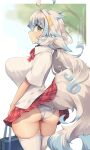  1girl ahoge animal_ears ass bag blue_hair bow bowtie breasts closed_mouth commentary_request from_behind green_eyes kuromiya large_breasts looking_at_viewer multicolored_hair original panties pantyshot red_bow red_bowtie school_bag school_uniform shiromiya_asuka_(kuromiya) shirt solo tail thighhighs thighs two-tone_hair underwear white_hair white_panties white_shirt white_thighhighs 