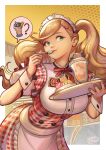  1girl absurdres apron blonde_hair bow bowtie commentary dress eating english_commentary green_eyes highres looking_to_the_side maid_headdress megami_tensei milkshake morgana_(persona_5) outside_border persona persona_5 persona_5_the_royal red_bow red_bowtie solo striped_clothes striped_dress takamaki_ann twintails waitress watermark white_apron yumibaker 