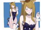 1girl :3 absurdres animal_ear_fluff animal_ears asymmetrical_pantyhose bare_shoulders bell black_choker black_hair black_leotard black_shoes breasts brown_hair cat_ears cat_girl cat_tail choker cleavage commentary_request embarrassed fishnet_pantyhose fishnets high_heels highres kittysuit leotard long_hair medium_breasts multicolored_hair neck_bell nishi_kaoruko nontraditional_playboy_bunny pantyhose parted_lips shoes smallstone246 smile strapless strapless_leotard swept_bangs tail very_long_hair white_leotard wrist_cuffs yani_neko 