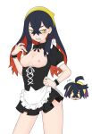  1boy 1girl apron black_dress black_hair blush breasts breasts_out brother_and_sister carmine_(pokemon) clenched_teeth commentary_request crossed_bangs dress hair_between_eyes hairband hand_on_own_hip hand_up highres jiang_jiang_(swpv5248) kieran_(pokemon) long_hair nipples pokemon pokemon_scarlet_and_violet short_dress siblings sidelocks simple_background teeth twitter_username waist_apron white_apron white_background wristband yellow_eyes yellow_hairband 