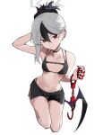  1girl absurdres arm_behind_head bare_shoulders black_bra black_hair black_nails black_shorts blue_archive bra brass_knuckles breasts breasts_apart choker closed_mouth collarbone cuffs ear_piercing fataaa glaring hair_bun halo handcuffs highres horns kayoko_(blue_archive) kneeling looking_at_viewer medium_hair mole mole_on_neck multicolored_hair navel piercing red_eyes shorts simple_background single_wing small_breasts solo two-tone_hair underwear weapon white_background white_hair wings 