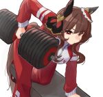  1girl animal_ears brown_hair commentary dumbbell gentildonna_(umamusume) hair_ornament holding holding_dumbbell horse_ears horse_girl horse_tail jacket noko-chan on_bench pants red_eyes red_jacket red_pants solo tail tracen_training_uniform track_jacket track_suit turtleneck turtleneck_jacket umamusume 