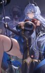  1girl absurdres black_bodysuit black_gloves black_horns black_jacket blue_eyes bodysuit breasts cleavage closed_mouth commentary_request earrings elbow_gloves eldreda_sunbringer fingerless_gloves gloves grey_hair heterochromia highres holding holding_pole horns jacket jewelry jyn_jyn knee_up korean_commentary large_breasts light_particles looking_at_viewer pole single_bare_leg single_leg_bodysuit skin_tight skindentation solo star_(symbol) star_earrings strapless_bodysuit thick_thighs thigh_strap thighs yellow_eyes zenless_zone_zero 