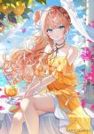  1girl aqua_eyes bare_shoulders black_ribbon blue_sky braid breasts cleavage closed_mouth cloud commentary_request cup curtains dress drinking_glass drinking_straw falling_petals floating_hair hair_bun hair_ribbon igarashi_rika long_hair looking_at_viewer neck_ribbon nijisanji official_alternate_costume official_art okuma_mai orange_dress orange_eyes petals ribbon sample_watermark short_sleeves single_hair_bun sitting sky smile solo very_long_hair virtual_youtuber watermark 