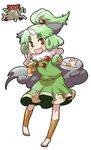  :3 :d animal_ears barefoot blush bracer eyebrows fang full_body greaves green_hair hair_bobbles hair_ornament high_ponytail horn jewelry matsuda_yuusuke necklace open_mouth original pigeon-toed red_eyes simple_background skirt smile solo toenails toes translation_request v white_background 