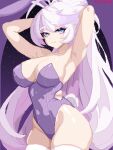  1girl ahoge animal_ear_hairband animal_ears armpits arms_behind_head arms_up blue_eyes breasts cleavage cowboy_shot elia_stellaria fake_animal_ears full_cleavage hairband highres indie_virtual_youtuber leotard long_hair multicolored_eyes multicolored_hair pink_eyes pixel_art playboy_bunny purple_background purple_hair purple_leotard rabbit_ears rabbit_tail sethchamachama solo star_(sky) starry_sky_background strapless strapless_leotard tail thighhighs virtual_youtuber white_hair white_thighhighs 