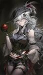  1girl absurdres animal_ears apple arknights belt belt_buckle black_corset black_gloves black_pantyhose black_shorts blush buckle closed_mouth commentary corset cowboy_shot cropped_shirt fangs food food_on_face fruit gloves grey_eyes grey_hair grey_shirt hair_between_eyes hat hat_feather highres holding holding_food holding_fruit lappland_(arknights) long_hair looking_at_viewer midriff navel pantyhose shirt short_shorts shorts sleeveless sleeveless_shirt solo sshumolly thigh_belt thigh_strap tricorne untranslatable_commentary very_long_hair wolf_ears wolf_girl 