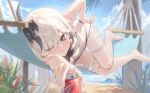  1girl :> ;> absurdres barefoot beach bendy_straw bikini black_bikini black_hair blue_sky blurry braid breasts can cleavage cloud cloudy_sky commentary cosette_(a_taste_of_summer_all_to_herself)_(stella_sora) cosette_(stella_sora) day depth_of_field drink_can drinking_straw grass green_eyes hammock hand_on_own_hip hand_under_clothes hand_under_swimsuit head_on_arm highres holding holding_can legs long_hair looking_at_viewer lying multicolored_hair ocean on_side one_eye_closed outdoors outstretched_arm plant pout raki_kr sand sky stella_sora streaked_hair swimsuit thigh_strap thighs untranslatable_commentary white_hair 