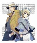  1boy 1girl blonde_hair blue_capelet blue_eyes capelet castti_florenz closed_mouth commentary_request gloves hair_bun hat jacket nurse nurse_cap octopath_traveler octopath_traveler_ii partitio_yellowil satsuki_(chaosmode) single_hair_bun smile watermark wavy_sidelocks white_hat yellow_jacket 