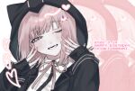  1girl :d ;d blush breasts brown_hair collared_shirt commentary danganronpa_(series) danganronpa_2:_goodbye_despair dated flipped_hair hair_ornament happy_birthday highres hood jacket long_sleeves looking_at_viewer lower_teeth_only medium_hair nanami_chiaki neck_ribbon nelt one_eye_closed open_clothes open_jacket pink_eyes pink_ribbon ribbon shirt smile solo teeth untranslatable_commentary white_shirt 