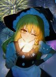  1girl absurdres aerial_fireworks apron black_hat black_skirt black_vest blonde_hair bow braid chinese_commentary closed_mouth collared_shirt commentary_request fireworks hair_bow hand_on_own_hip hat hat_bow highres holding holding_fireworks iwakoo kirisame_marisa leaning_forward long_hair looking_at_viewer night one_eye_closed puffy_short_sleeves puffy_sleeves shirt short_sleeves side_braid single_braid skirt smile solo sparkler touhou very_long_hair vest waist_apron white_apron white_bow white_shirt witch_hat yellow_eyes 